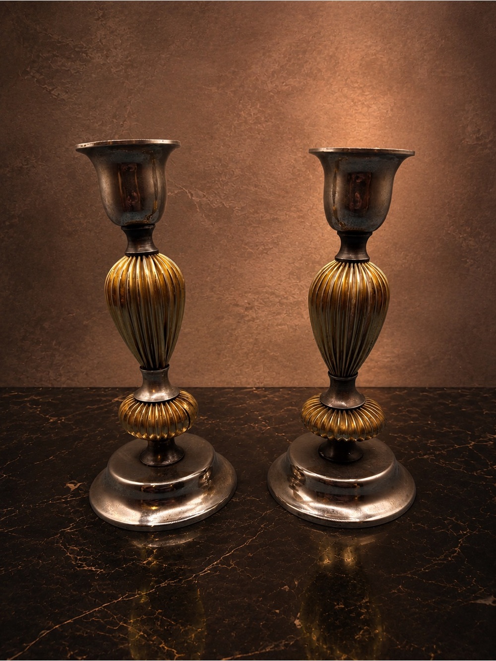 Vintage Brass & Silver Plated Taper Candle Holders | Set of 2